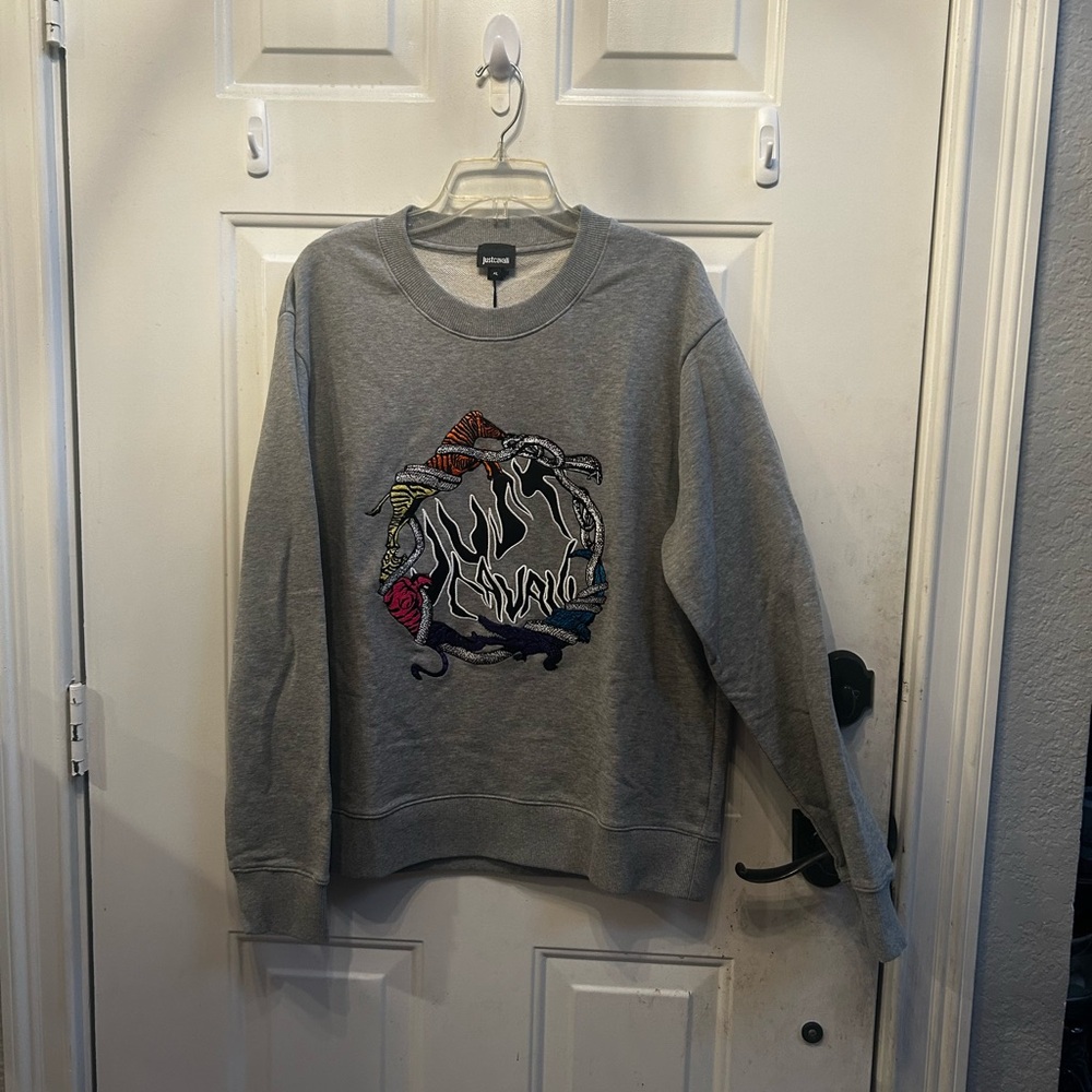 Just Cavalli Logo Crewneck in Gray Graphic Design sweatshirt Sz XL